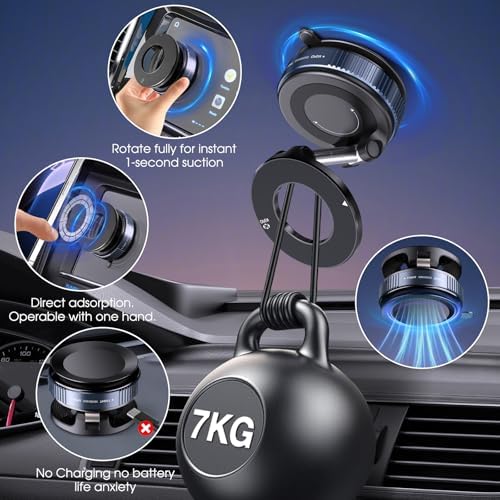 360° Rotatable Vacuum Magnetic Phone Holder, Foldable and Retractable Suction Cup Car Phone Mount for Car/Gym/Mirror/Smooth Surface, Compatible with iPhone Android and All Smartphones (Black) – Enhanced Compatibility and Speed