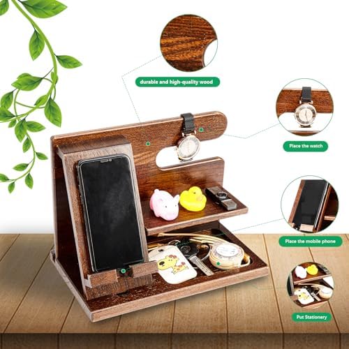 Wood Phone Docking Station for Men – Nightstand Organizer with Key Holder, Wallet Stand, and Watch Organizer – Gift for Husband, Dad, or Graduation – Enhanced Compatibility and Speed