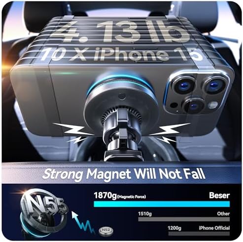 Experience Ultimate Driving Convenience with the Beser Mag Safe Car Mount Charger – 15 W Qi Wireless Charging for i Phone 15/14/13/12 Series, Powerful 4.13 lbf Magnetic Hold, Multi-Purpose Dashboard/Vent Phone Holder, Customizable 7-Color LED Lights, Premium Aluminum Design in Sleek Silver Finish