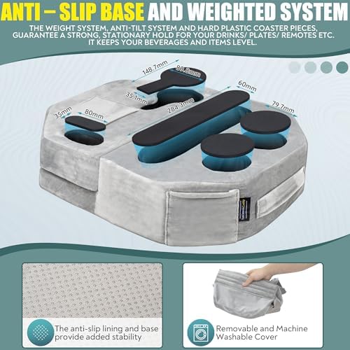 Octagonal Memory Foam Couch Cup Holder Tray Pillow – Versatile Caddy for Drinks, Snacks & Devices – Perfect for Sofa, Bed, RV & Car Travel – Soft Grey Fabric for Comfort & Style – Ultimate Accessory for Organized Relaxation