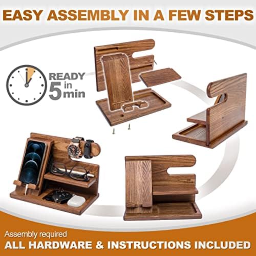TESLYAR Wood Phone Docking Station for Men – Desktop or Nightstand Organizer – Birthday Gifts for Men, Dad – Anniversary Idea from Wife – Key Holder, Stand Wallet, Watch & Essentials (Antique Brown) – Enhanced Compatibility and Speed