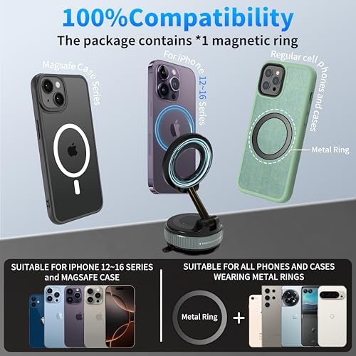 Ultra-Strong Magnetic Car Phone Holder with Vacuum Suction for Any Smooth Surface – 360° Rotating MagSafe-Compatible Phone Mount for iPhone/Android, Dashboard Windshield Car Accessories. Black – Enhanced Compatibility and Speed