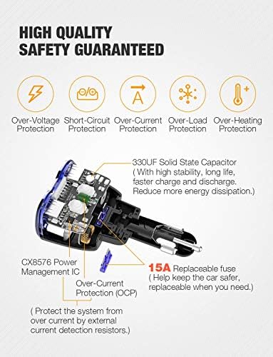 150 W Dual Socket Car Charger Splitter with Quick Charge 3.0 – USB-C Adapter, LED Voltmeter & Replaceable 15 A Fuse for Effortless Device Charging on Road Trips and Daily Travels – Essential Power Hub for GPS, Dash Cams, and Mobile Devices