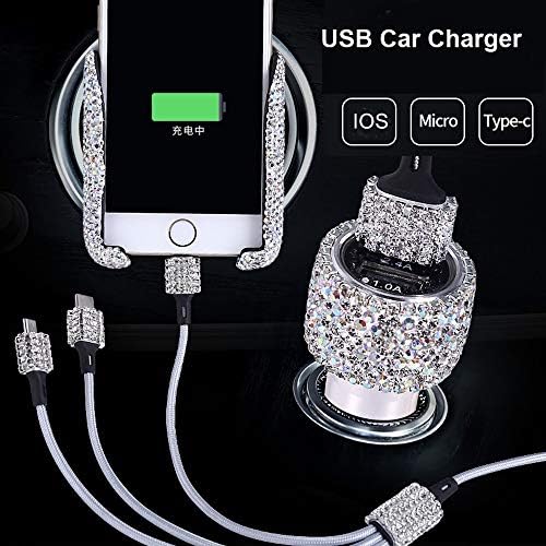 Chic Rhinestone Dual USB Car Charger & 3-in-1 Braided Charging Cable Set – Stylish Bling Accessories for Fast Charging & Enhanced Compatibility – Perfect for Women’s Vehicles in Silver