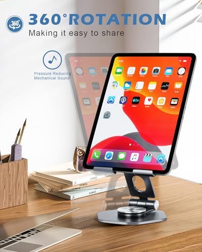 Premium 360° Swivel Tablet Stand for Desk – Adjustable Aluminum i Pad Holder with Rotating Base, Foldable Design for i Pad Pro (12.9/11/10.5/9.7) & All Tablets – Ultimate Comfort & Versatility in Grey Color