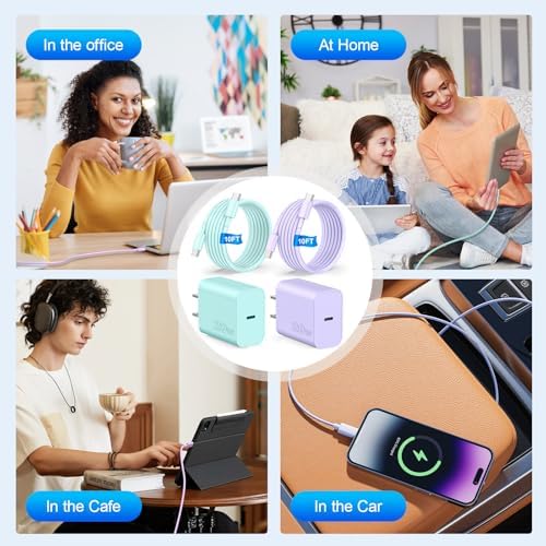 Dual-Pack Fast Charging USB C Charger Blocks for i Phone 16/15 & Galaxy S25/S24 – 6 ft Cable Included, Versatile Power Solution in Black & Pink – Enhanced Compatibility & Efficiency for Home, Office, and Travel