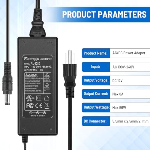 High-Efficiency 12 V 8 A AC to DC Power Adapter – 96 W Switching Supply for LED Strip Lights – 6.7 ft Power Cord – Universal Compatibility with 5.5 mm x 2.5 mm & 2.1 mm Connectors – Robust, Long-Lasting Power Solution for Home and Professional Use – Enhanced Performance & Economical Design