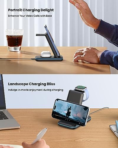 GEEKERA 3-in-1 Foldable Wireless Charging Station for Apple Devices – Fast Charge Your i Phone 16/15/14/13/12/11 Pro Max, Apple Watch Ultra/10/9/SE/8/7/6/5 & Air Pods Pro/4/3/2 with Travel-Friendly Design – Ultimate Multi-Device Charging Solution for Home & On-the-Go Efficiency