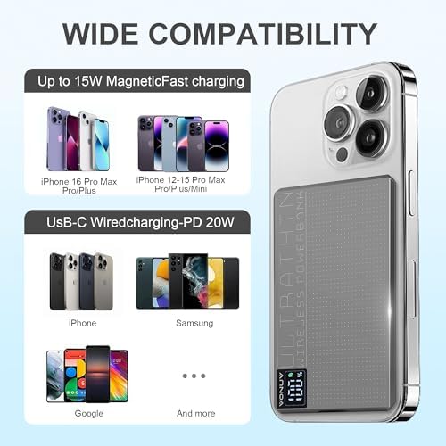 Ultra-Slim 5000 m Ah Magnetic Wireless Charger – Fast 15 W & 20 W PD Power Bank for i Phone 16/15/14/13 Pro Models – Sleek Travel-Friendly Design with Durable Metal Finish and LED Status Display for On-the-Go Charging Solutions