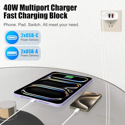 Ultra-Fast 4-Port USB C Wall Charger for i Phone 15 – 40 W Multi-Device Power Hub with Two 10 FT USB C to C Cables – Compact & Portable Design for Effortless On-the-Go Charging – Perfect Compatibility with i Phone 15 Series, i Pad Pro, and More – Reliable Safety Features for Optimal Device Protection