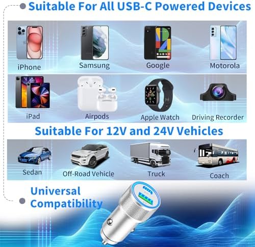 BAOYUANDA 72 W Dual Port USB-C Car Charger for i Phone 16 Series – MFi Certified Fast Charging Solution with 2 Durable Type C Cables for i Pad Pro, Android & More – Ultimate Compatibility for On-the-Go Power Management