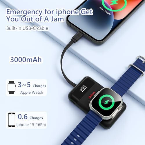 Compact 3000 m Ah Wireless Magnetic Charger for Apple Watch & i Phone – Fast Charging Power Bank with Built-in USB-C Cable, Perfect Travel Gift for SE/Ultra/1-9 Series & i Phone 15/16, Sleek White Design for Effortless Power On-the-Go