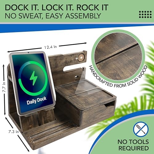 Nightstand Organizer – Bedside Docking Station for Men -Unique Gifts for Husband, Father or Dad from Wife, Son or Daughter -Desk Organizer for Phone, Watches & Accessories (Rustic) – Enhanced Compatibility and Speed