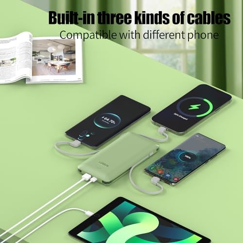 Compact 10000 m Ah Portable Charger with Built-In Cables and AC Wall Plug – Essential USB-C Power Bank for i Phones, Samsung Devices, and Tablets in Vibrant Green – Ultimate Travel Companion for Fast Charging and Universal Compatibility