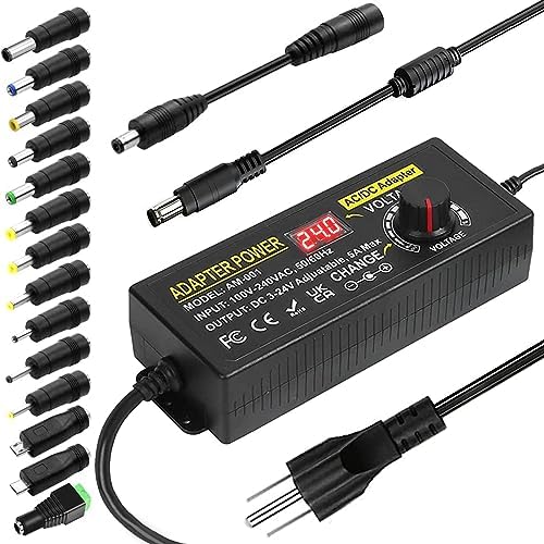 Versatile 3 V-24 V Adjustable Power Supply Adapter – 5 A 120 W AC/DC Converter with 14 DC Tips & Polarity Switch for Seamless Compatibility with LED Strips, Printers, Speakers – Efficient High-Speed Power Solution for Home and Travel Use
