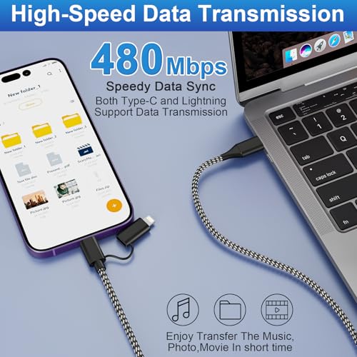 Experience the Ultimate Convenience with a 20 FT MFi Certified i Phone Charger Cord – Versatile 4-in-1 USB-C and Lightning Fast Charging Cable for i Phone, i Pad Pro, Galaxy, Mac Book, and Huawei Devices – Durable Nylon Braided Design for Long-Lasting Performance and Enhanced Charging Speed up to 60 W – Perfect for Seamless Data Transfer and Flexible Device Use at Home or Office