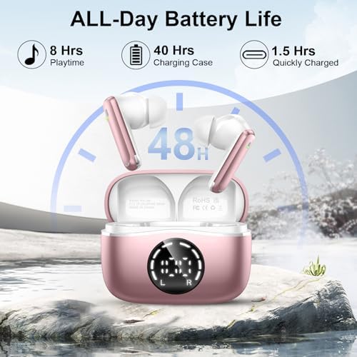 Experience Unmatched Audio Excellence with 2025 Bluetooth V5.4 Wireless Earbuds – 48-Hour Playtime, Advanced ENC Noise Cancelling Mic for Clear Calls, IP7 Waterproof Design for Ultimate Protection, Dual LED Battery Indicator for Easy Monitoring, and Elegant Rose Gold Finish – Perfect for Music Enthusiasts and Professionals Seeking Premium Sound Quality on the Move.