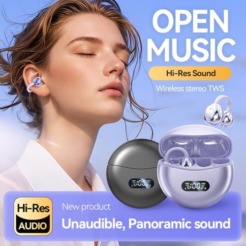 Open Ear Bluetooth 5.4 Clip-On Earbuds – Ultra-Lightweight & Waterproof Headphones with 60-Hour Battery Life for Active Lifestyles – Stylish Purple Design for Glasses Wearers & All-Day Comfort