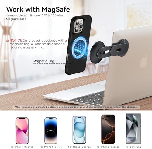 Magnetic Laptop Phone Holder with 15 W Fast Wireless Charging – Perfect Mag Safe Stand for i Phone 12-16 & All Smartphones, Ideal Tesla Accessory for Enhanced Mobility and Productivity