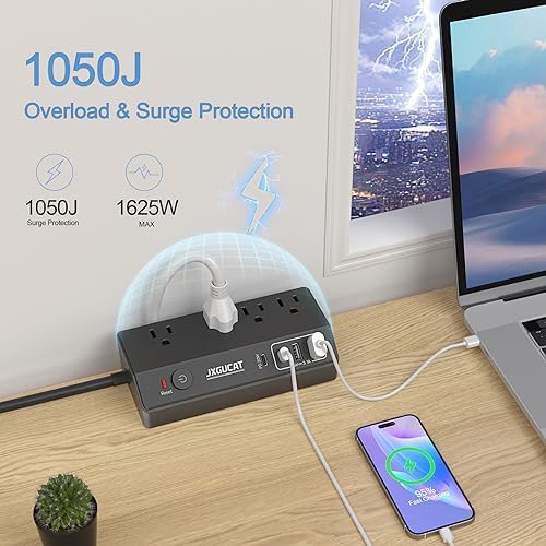 Maximize Your Workspace Efficiency with JXGUCAT Desk Clamp Power Strip – 20 W USB-C Fast Charger with 10 ft Extension Cord, 4 Outlets & 4 USB Ports, Surge Protector Ideal for Clutter-Free Desktop Setup, Fits Tabletops Up to 1.8 inches Thick