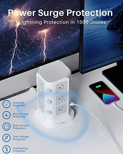 KOOSLA Power Strip Tower – 12 AC Outlets & 6 High-Speed USB Ports with 15 A Surge Protection – 6.5 ft Heavy-Duty Extension Cord for Home Office & Dorm Room – Compact Design for Efficient Power Distribution – Versatile Charging Station for Multiple Devices