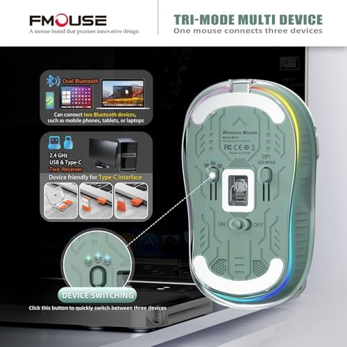 Sleek Dual Connectivity Transparent Wireless Mouse – Rechargeable RGB with USB-C Receiver for Mac Book & Laptops, Compact Design with Cool LED Lights, Silent Operation, and Magnetic Cover for Enhanced Portability – Orange