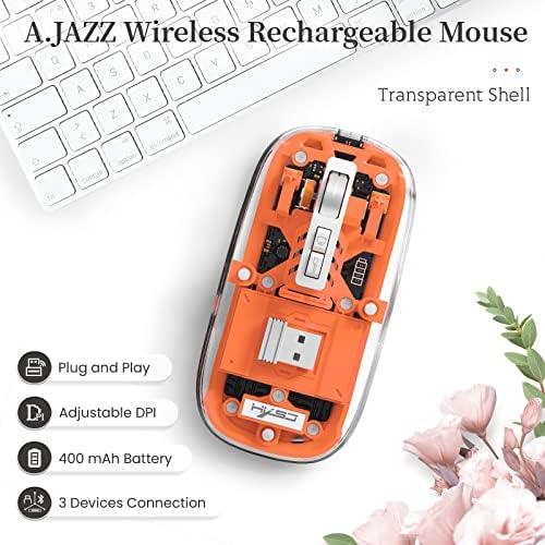 Sleek A.JAZZ Wireless Bluetooth 5.1 & 2.4 G Mini Mouse – Lightweight, Rechargeable, and Silent for Ultimate Focus in Office, PC, Mac, and i Pad Use – Stylish Transparent Design with Nano USB-C Receiver for Enhanced Compatibility and Performance