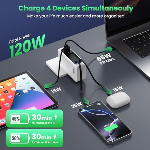 120 W Ga N IV USB-C Charger Station with Dual Retractable Cables – Fast Charging Wall Adapter for Mac Book, i Pad, i Phone 16/15/14, Galaxy S24 & Android Devices – Compact 4-in-1 Foldable Design for Effortless Travel and Enhanced Compatibility