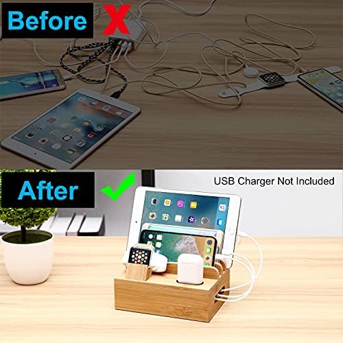 Eco-Friendly Bamboo Multi-Device Charging Station – Sleek USB Dock with 5 High-Quality Cables for Smartphones, Smartwatches & Tablets – Chic Organizer for Home & Office Efficiency