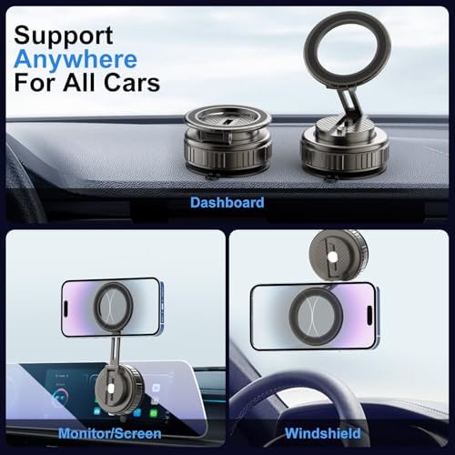 Kairiyard Phone Holders for Your Car, Ultra Vacuum Suction Cup Magnetic Car Phone Holder Mount 360° Adjustable Foldable Cars Phone Stand Compatible with MagSafe iPhone All Smartphones – Enhanced Compatibility and Speed