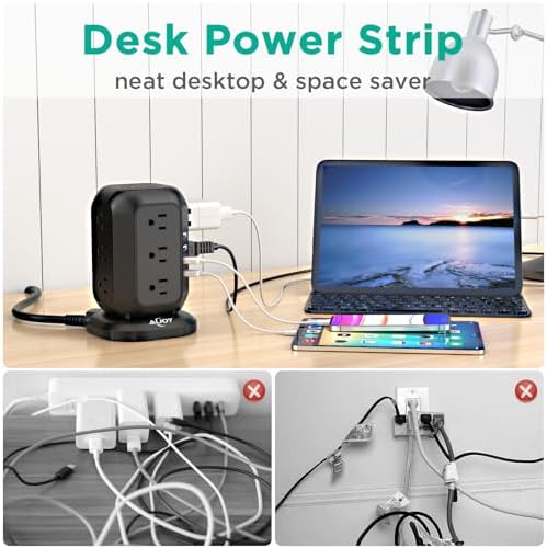 Ultimate Power Strip Tower with USB Ports – Ai Joy 12 AC Outlet Surge Protector and 4 USB Charging Station with 10 Ft Extension Cord, Overload Protection for Home, Office, and Dorm Use – Space-Saving Design for Enhanced Device Compatibility and Fast Charging