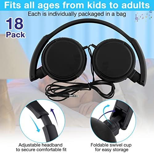 Yunsailing 18-Pack Adjustable Over-Ear Headphones for Students – Durable and Hygienic Wired Classroom Audio Solution with Individually Wrapped Earbuds for Optimal Learning Engagement (Black)