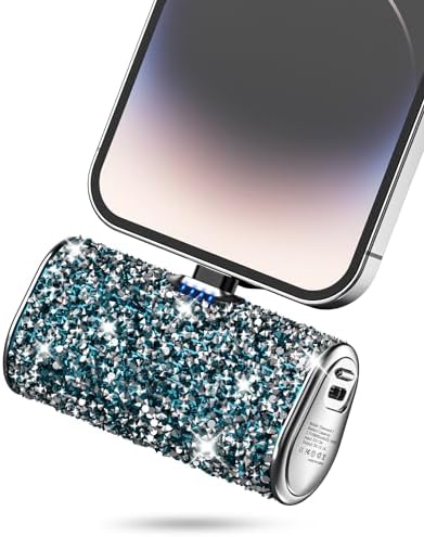 Bling Small Portable Charger: 6800 m Ah Ultra-Compact Power Bank with Fast 5 V/3.1 A Charging, Built-in i OS Connector for i Phone 14 to 5 Series, Trendy Blue Shimmer Finish with Convenient Flashlight – Perfect for On-the-Go Charging and Everyday Emergencies