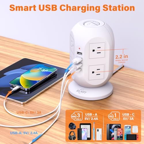 Compact Surge Protector Power Strip Tower with 8 AC Outlets & 4 Fast-Charging USB Ports (1 USB-C) – Aioy 10 FT Flat Plug Extension Cord for Organized Home & Office Use, Black – Ultimate Device Charging Solution for Efficiency and Safety