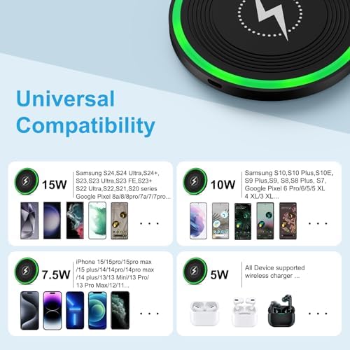 15 W Fast Wireless Charger Pad for Samsung Galaxy, i Phone, Pixel & Motorola – Ultimate Charging Station with Safety Features & Sleek Design – Perfect for S25 Ultra, Z Flip 7, G Power & More – Portable Qi-Compatible Solution with Power Adapter Included