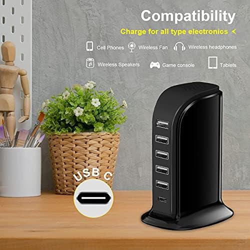 Upoy Multi-Device Charging Station – Stylish USB Tower Hub with 5 USB Ports + 1 Type-C Port for Rapid Charging | Perfect Desk Accessory for Apple, Samsung, and Android Gadgets | Compact Design with Overload Protection for Home and Office Use