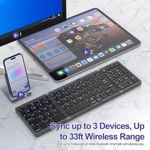 Ultimate Foldable Bluetooth Keyboard with Numeric Keypad – Travel-Friendly Wireless Keyboard for i Pad, i Phone, Android, Laptops & PCs, Sync Up to 3 Devices Effortlessly, Perfect for On-the-Go Productivity and Quiet Typing