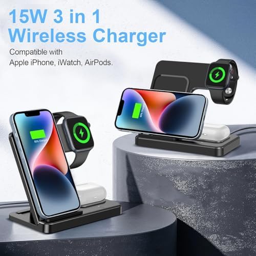 Tri-Device Wireless Charging Station: Fast 3-in-1 Dock for i Phone 16, 15, 14, 13, 12, Apple Watch & Air Pods – Streamlined Convenience with Smart Charging Technology and Stylish Design