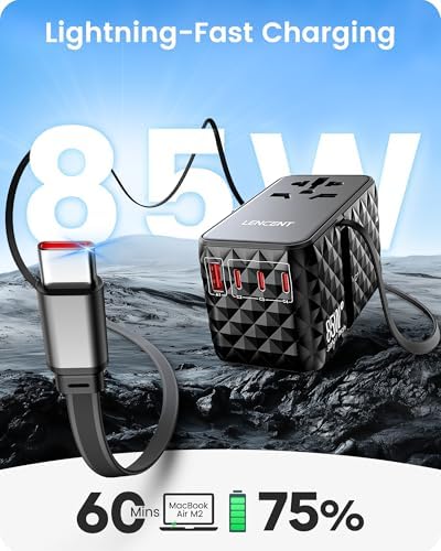 85 W Universal Travel Power Adapter with Retractable USB-C Cable – Optimal Fast Charging Hub for Global Use, Featuring 4 Ports for Seamless Connectivity in US, EU, UK & Beyond, Engineered for On-the-Go Professionals Seeking Efficiency and Versatility