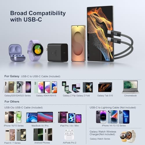 Power Up with Excgood 45 W USB C Fast Charger for Galaxy S25 Ultra – Dual Pack with 6 ft USB C to C Cable – Rapid Compatibility for Galaxy S24 FE, S23, S22, S21, Note, Tab S10, and i Phone 16 Pro Max – Optimal Charging Solution for On-the-Go Users – Sleek White Design for Every Setting – Experience Unmatched Speed and Efficiency in Device Charging