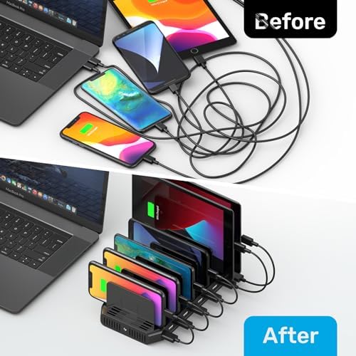 Unitek 10-Port USB Charging Dock: Versatile Multi-Device Power Station with Customizable Dividers for i Pads, i Phones, Tablets, and Smartphones – Experience Rapid Charging Efficiency and Enhanced Safety Features for Organized Device Management