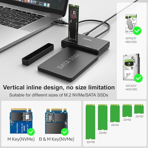 Unitek M.2 NVMe SSD Enclosure Adapter – Ultra-Fast 10 Gbps USB 3.2 Tool-Free External Hard Drive Reader, Versatile M Key Compatibility for M.2 and SATA SSDs, Compact Design for Effortless Portability and Enhanced Data Access