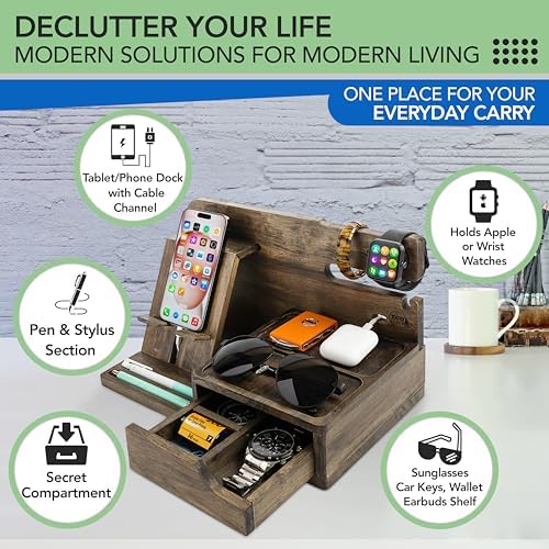 Nightstand Organizer – Bedside Docking Station for Men -Unique Gifts for Husband, Father or Dad from Wife, Son or Daughter -Desk Organizer for Phone, Watches & Accessories (Rustic) – Enhanced Compatibility and Speed