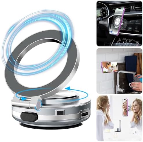 Revolutionize Your Driving with the AICase Magnetic Phone Holder – 360° Rotatable Electric Suction Cup Mount for i Phone & Android, Mag Safe Compatible with Adhesive Pad for Uneven Surfaces – Ultimate Stability & Hands-Free Convenience