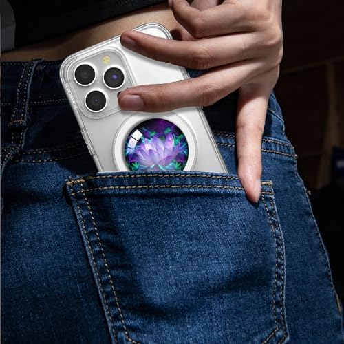 Magnetic Expandable Collapsible Phone Grip & Stand – Stunning Clear Glitter Purple Lotus Flower Design for Enhanced Smartphone Compatibility – Versatile, Lightweight, and Secure Mobile Accessory for Hands-Free Use and Everyday Convenience