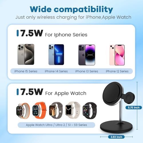2-in-1 Magnetic Wireless Charger Station for i Phone & Apple Watch – 15 W Fast Charging Pad with Detachable Stand, Includes 25 W PD Adapter – Optimal Compatibility for i Phone 16/15/14/13/12 Series & Apple Watch Models – Travel-Friendly Design with Enhanced Magnetic Alignment for Secure Charging & Vertical/Horizontal Viewing