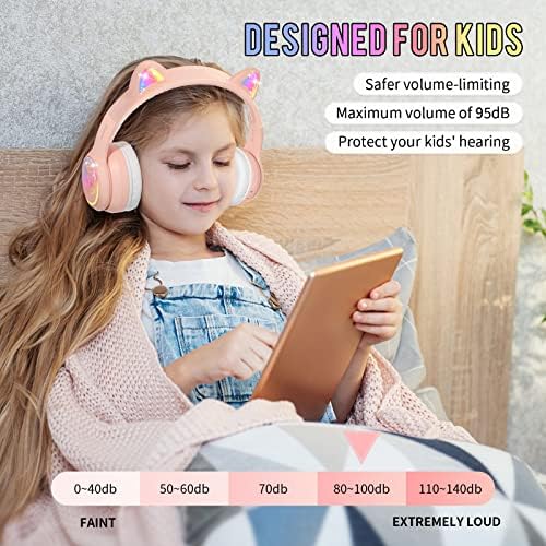 IFECCO Wireless Kids Bluetooth Cat Ear Headphones – Fun Light-Up Design with Volume Limiting Feature, Built-in Microphone, and Foldable Portability for Travel and Learning – Ultimate Gift for Young Music Enthusiasts