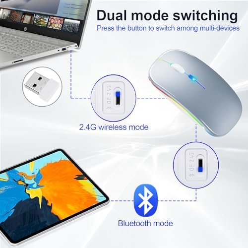 Ultimate Wireless Bluetooth Mouse for i Pad, Mac Book Pro, Air, and PCs – Rechargeable Silent Design for Productivity on the Go – Portable Slim Dual Mode Mouse with LED Indicators and Universal Compatibility