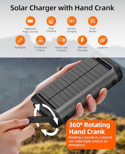 Ultimate 59800 m Ah Solar Power Bank – Waterproof Hand Crank Charger for All Devices, 15 W Wireless Output, 6 Ports & 3 Inputs, Essential for Camping & Outdoor Adventures, Built-in LED Flashlights for Nighttime Use – Stay Connected Anywhere