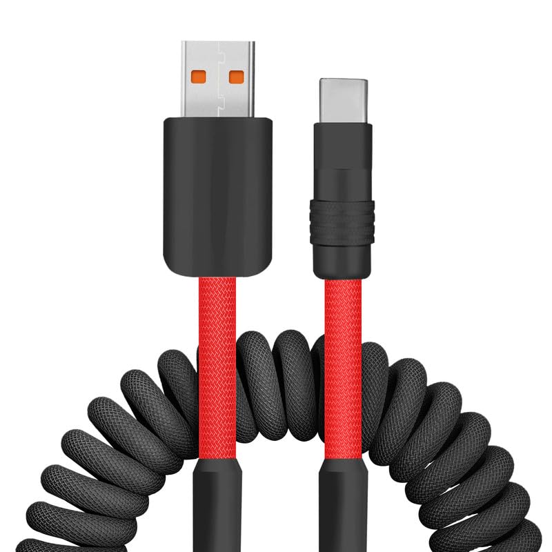 Dynamic Curly Chubby Coiled USB C Cable: 240 W Fast Charge Retractable Spiral Braid Cord for Carplay & Android Auto, Versatile Length 2.29 FT to 3.6 FT, Sleek Black and Red Design, Enhanced Compatibility for All USB-A to Type-C Devices